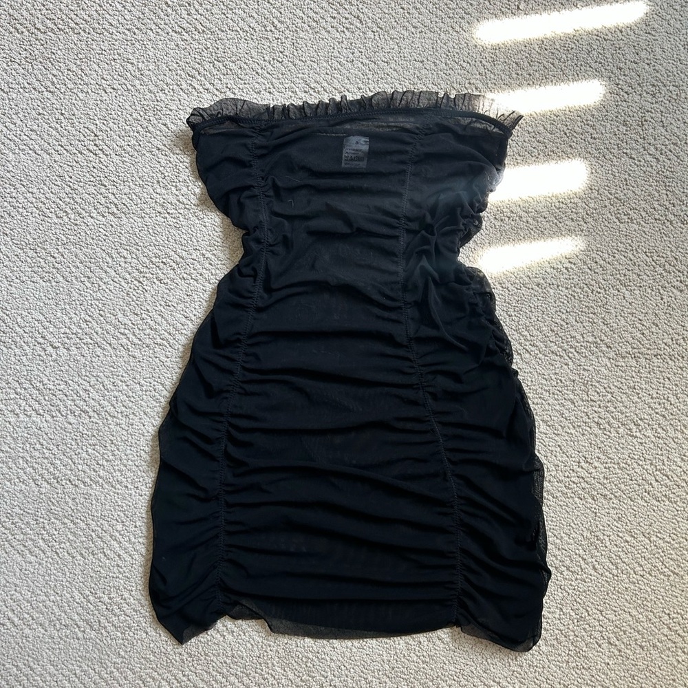 black mesh ruched mini dress